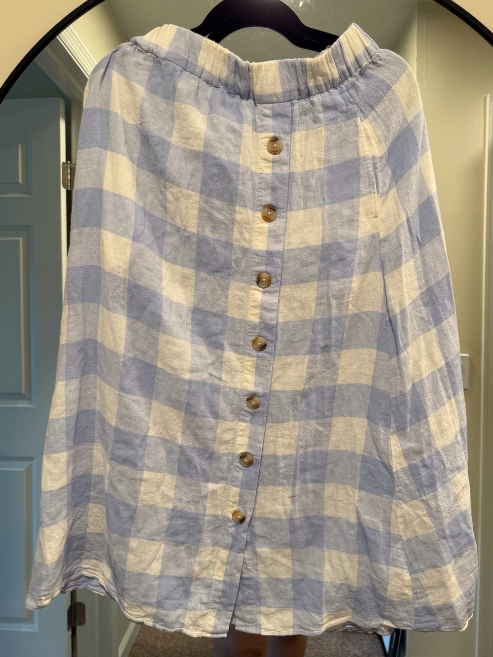 Madewell Linen Blend Gingham Side Button Midi Skirt Blue White Size M